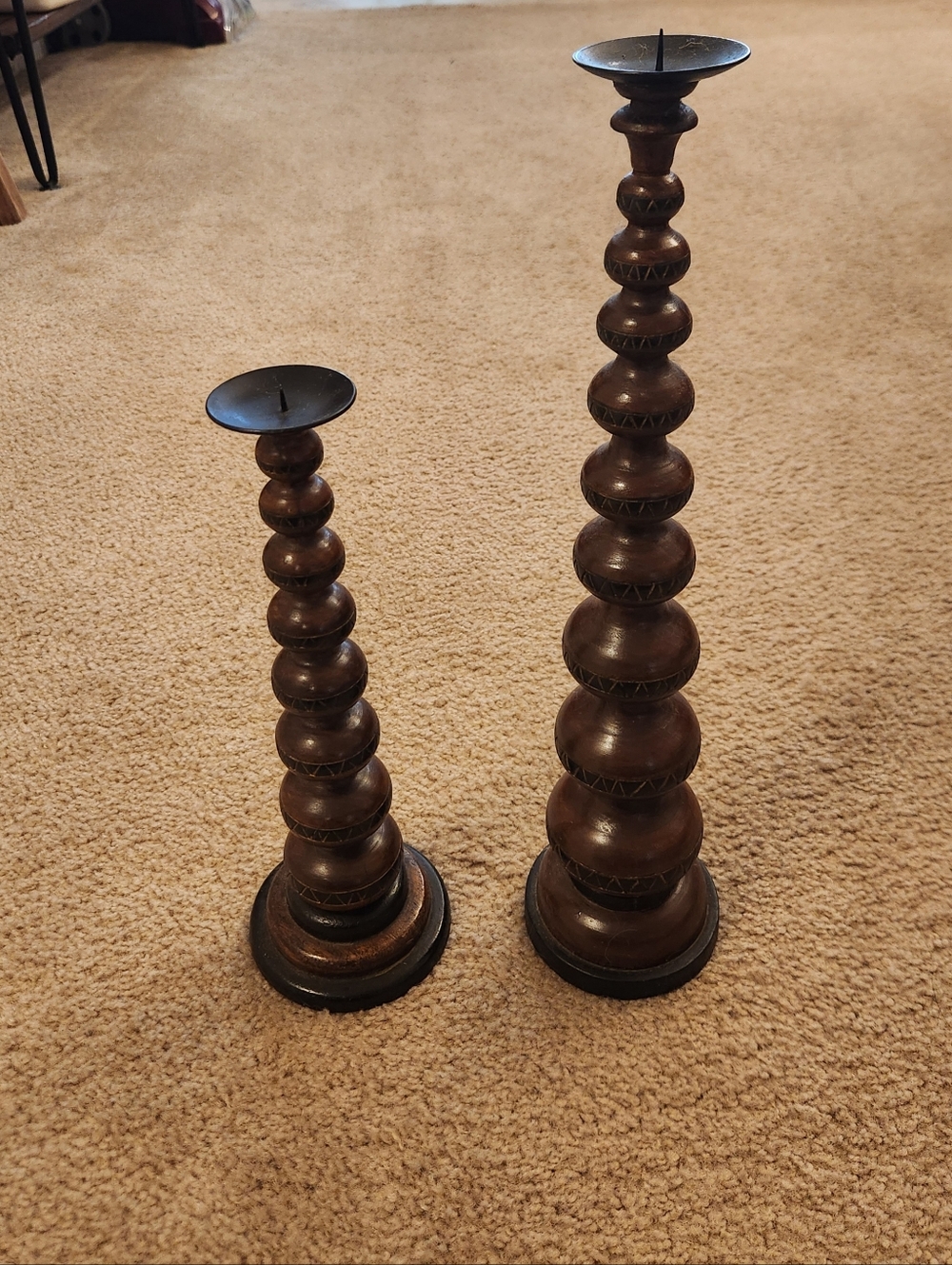 Vtg Set Of 2‎ Wooden Candle Holders Bobbin Deisgn